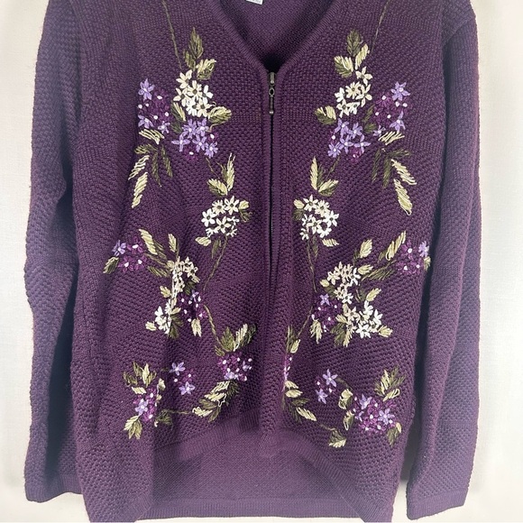 Alfred Dunner Vintage Wool Blend Purple Floral Embriodered Zipup Cardigan Size L - Picture 3 of 6